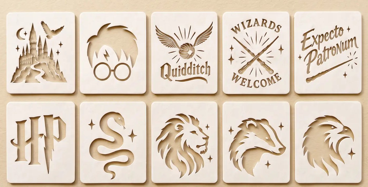A set of Wizard Photo Frame stencil cards laid out flat