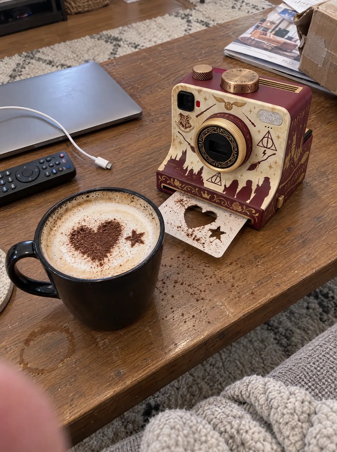 WizardBrew camera and a Wizard Photo Frame card on a wooden coffee table